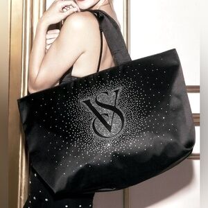 Victoria’s Secret Satin rhinestones Tote bag in black color Size Large NWT